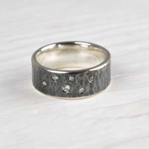 oxidised sterling silver ring with diamonds