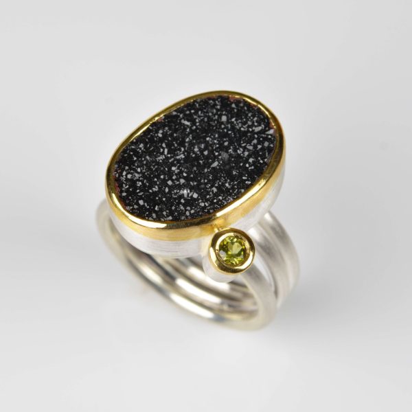 sterling silver and 22ct gold ring with crystallised onyx and tourmaline