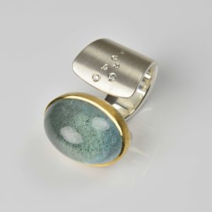 sterling silver and 22ct gold ring with moss aquamarine and diamonds