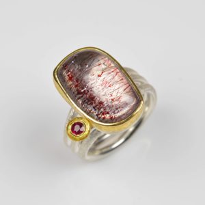 sterling silver and 22ct gold ring with stawberry quartz and ruby