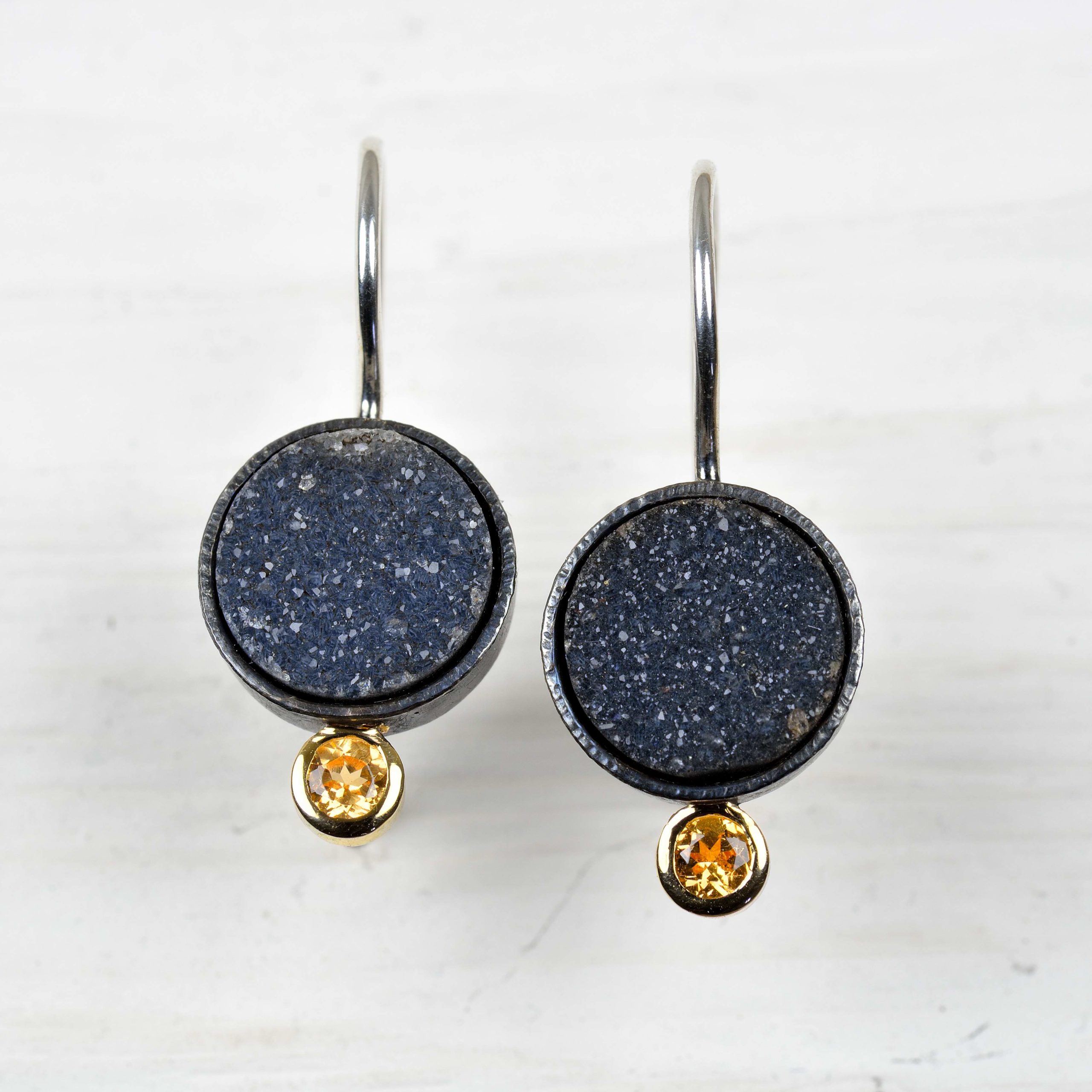 sterling silver and 18ct gold earrings with drusy and mandarine garnet