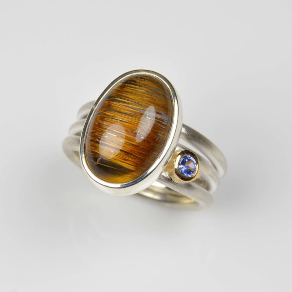 sterling silver and 18ct gold ring with rutile quartz and sapphire