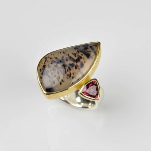 sterling silver and 22ct gold ring with dentritic agate and rhodolite
