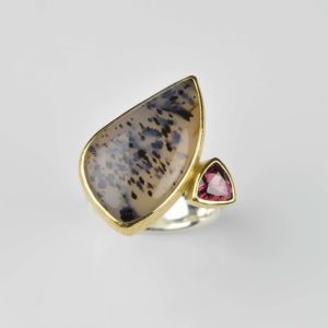 sterling silver and 22ct gold ring with dentritic agate and rhodolite