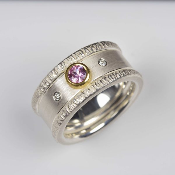 sterling silver and 18ct gold ring with pink sapphire and diamonds