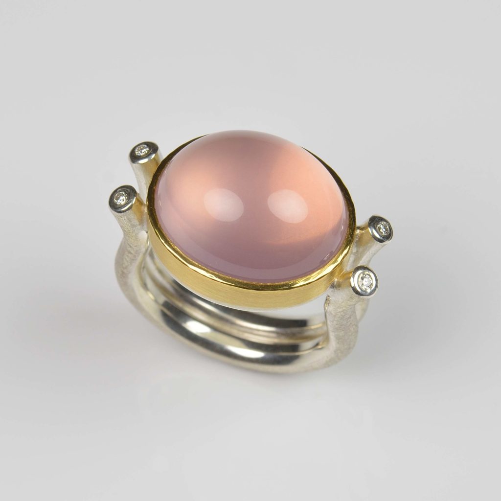 sterling silver and 22ct gold ring with rose quartz and diamonds