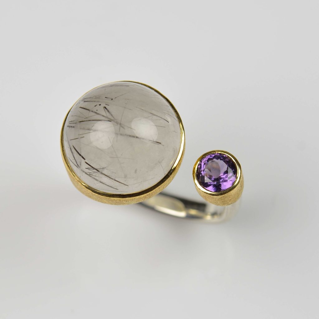 sterling silver and 22ct gold ring with rutile quartz and spinel