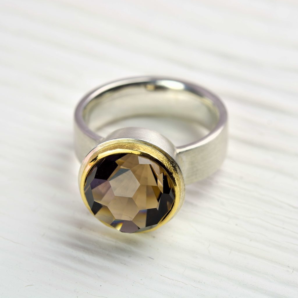 sterling silver and 18ct gold ring with smokey quartz