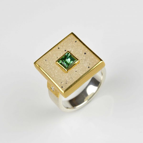 sterling silver and 22ct gold drusy and tourmaline ring