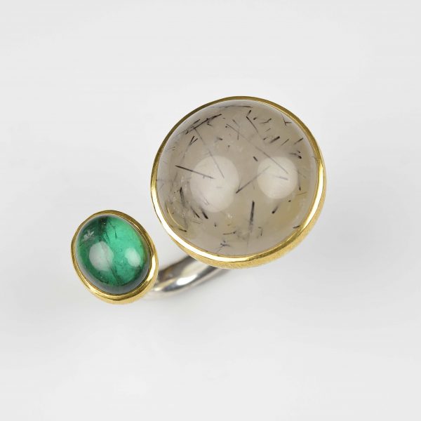 sterling silver and 22ct gold ring with rutile quartz and tourmaline
