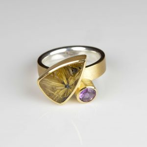 18ct gold and sterling silver ring with star rutile quartz and spinel