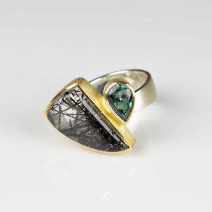 sterling silver and 22ct gold ring with rutile quartz and tourmaline