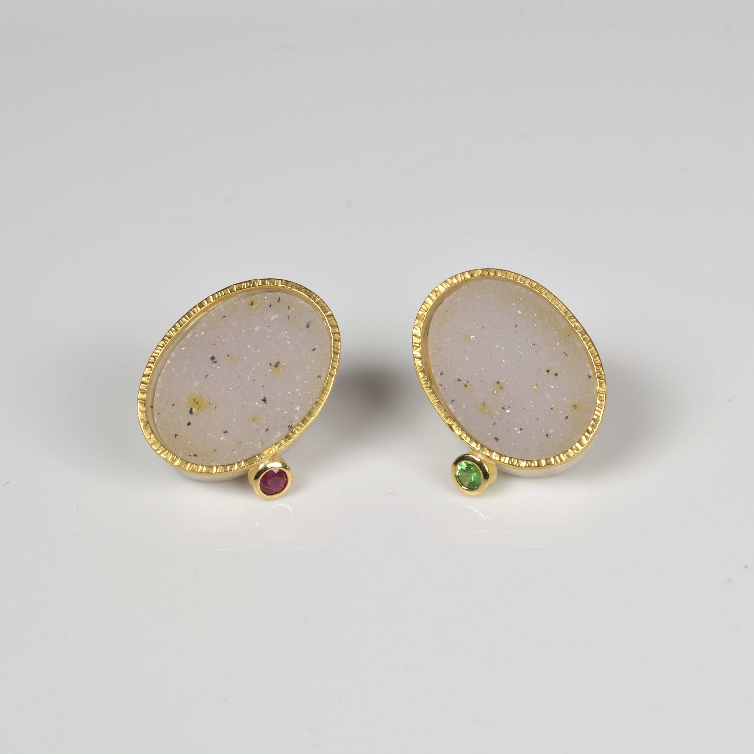 22ct, 18ct and silver drusy, tsavorite and garnet earrings