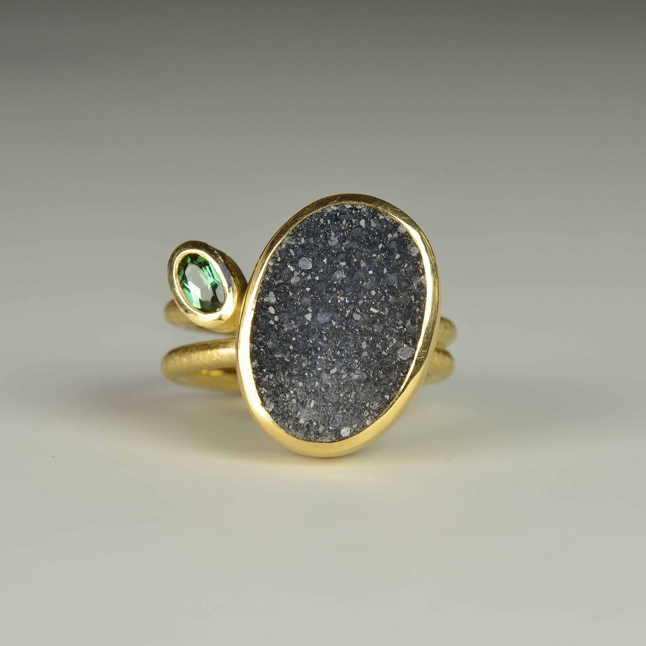 18ct gold drusy and tourmaline ring
