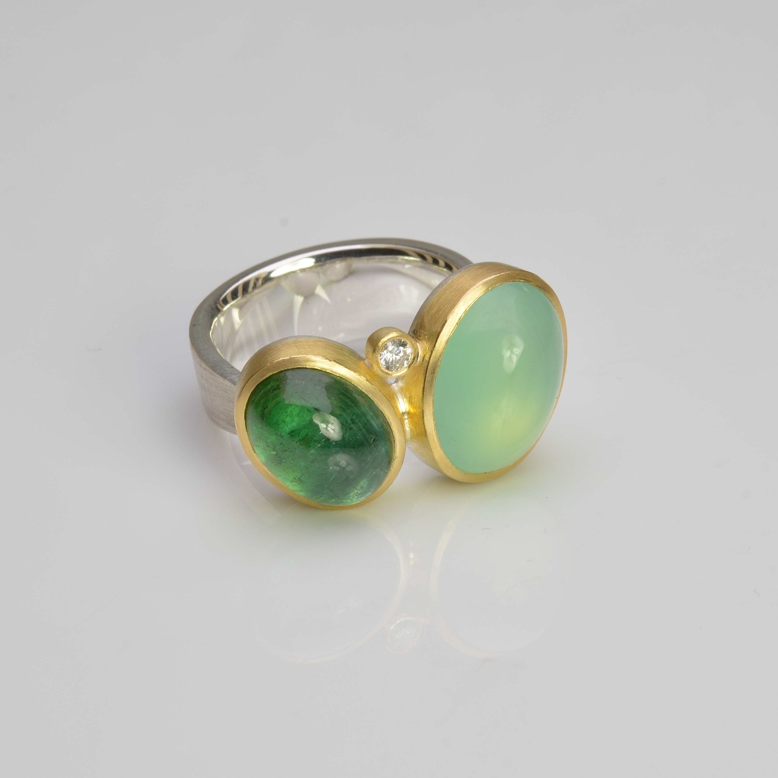 Silver and 18ct gold tourmaline, chalcedony and diamond ring