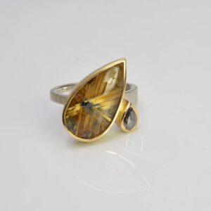 Silver and 18ct gold star rutile quartz and salt and pepper diamond